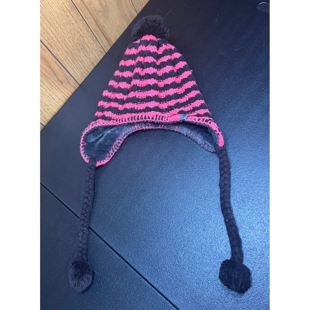 The North Face Womens Pink Black Striped Knit Earflap Beanie Fleece Lined Hat